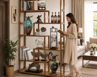 7-Tier Vintage Wooden Bookcase: Freestanding Display Shelf, Living Room Partition Storage Rack