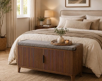 Wooden Storage Bench with Cushion, End of Bed Entryway Shoe Shelf Storage