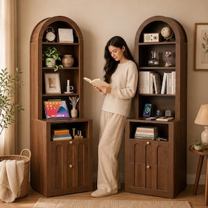 Juego de mesitas de noche altas con arco: Mesitas de noche modernas de madera, armarios de almacenamiento para el dormitorio.