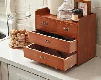 Retro Wood Chest of 4 Drawers Desktop Organizer Small Cabinet Makeup Storage Box