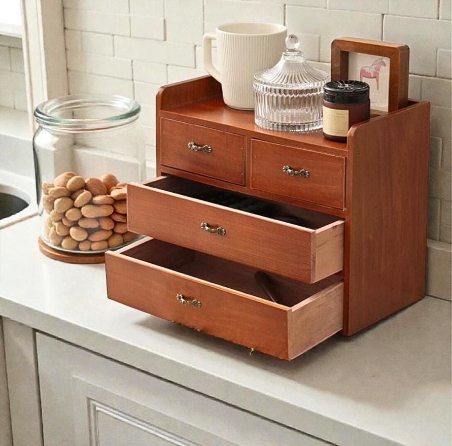 Retro Wood Chest of 4 Drawers Desktop Organizer Small Cabinet Makeup ...