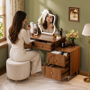 Modern Lighted Makeup Vanity Table with Adjustable Width, Dressing Desk