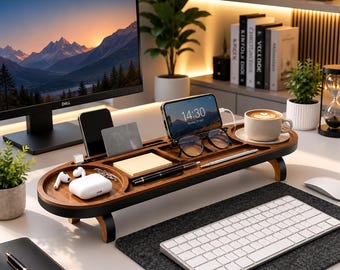 Wooden Desk Organizer Tray, Brown Tabletop Storage for Office, Desktop Storage Shelf