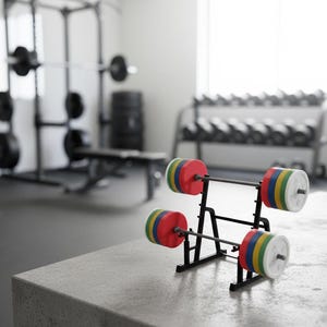 Peut inclure: Un support noir pour haltères avec deux barres chargées de disques colorés. Les poids sont rouges, jaunes, verts, bleus et blancs. L'image montre d'autres équipements de gym.