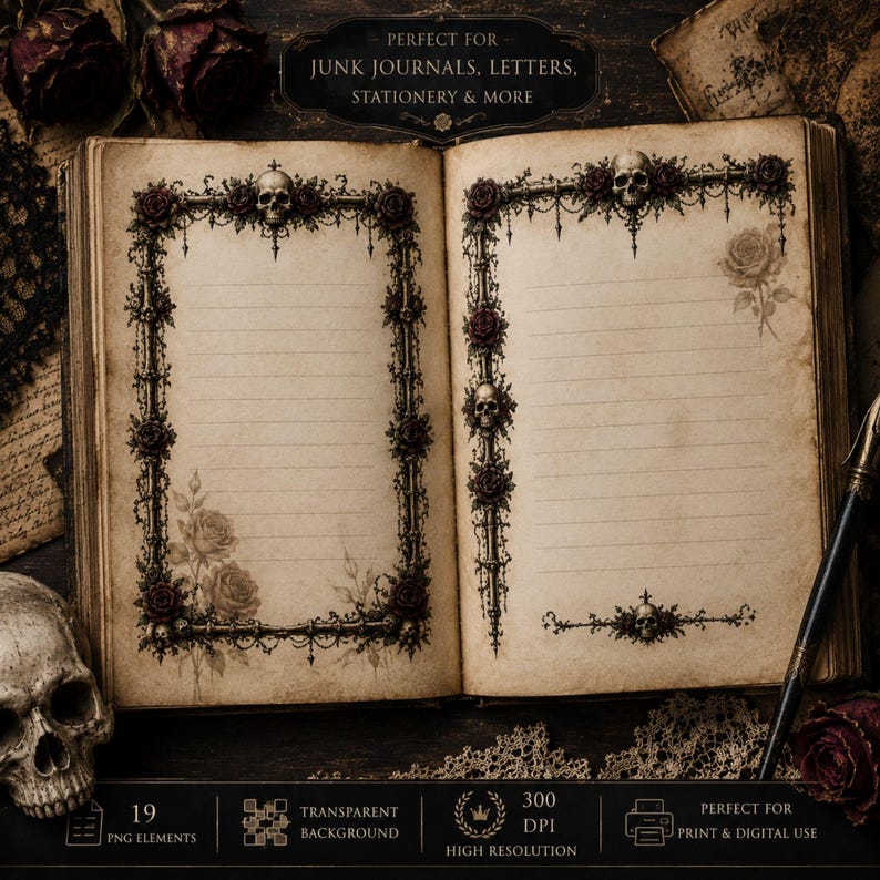 Może przedstawiać: Otwarta księga ze postarzanymi, liniowanymi stronami z ozdobnymi obramowaniami z ciemnych r&oacute;ż i czaszek. Tekst na g&oacute;rze: PERFECT FOR JUNK JOURNALS, LETTERS, STATIONERY & MORE. Na dole: 19 PNG ELEMENTS, TRANSPARENT BACKGROUND, 300 DPI, HIGH RESOLUTION, PERFECT FOR PRINT & DIGITAL USE.