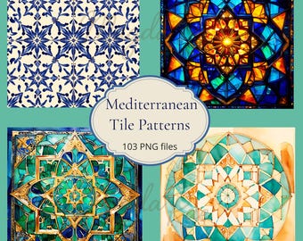 Mediterrane Mosaik-Fliesenmuster - 103 PNG quadratische digitale Papiere für Scrapbooking & Design