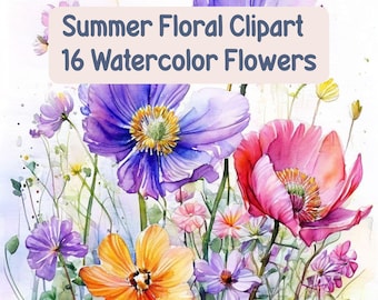 Aquarell Blumen Clipart | Sommer Wildblumen Strauß JPG Set