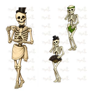 May include: Three skeletal figures in various poses. One wears a top hat, bowtie, and lace-trimmed cloth while holding a teacup. Another wears a green leaf crown and leaf covering. The third wears a small top hat and holds a black folding fan.