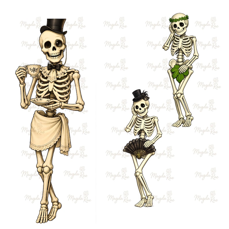 May include: Three skeletal figures in various poses. One wears a top hat, bowtie, and lace-trimmed cloth while holding a teacup. Another wears a green leaf crown and leaf covering. The third wears a small top hat and holds a black folding fan.