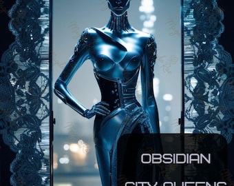 Obsidian City Queens – Futuristische Frauenportraits, Cyberpunk Wandkunst, Dark Sci-Fi Digital Art Set