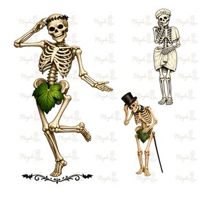 May include: Three skeletal figures in various poses. One skeleton wears a laurel wreath and a green leaf loincloth. Another skeleton wears a bonnet and a draped cloth. The third skeleton wears a top hat, a green leaf loincloth, and holds a cane.