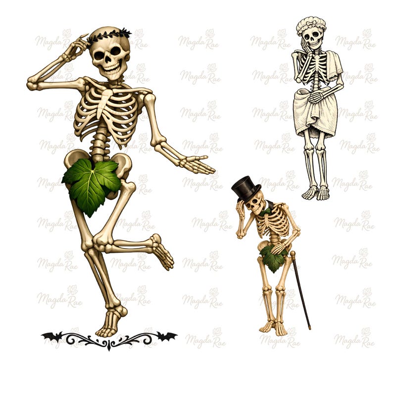 May include: Three skeletal figures in various poses. One skeleton wears a laurel wreath and a green leaf loincloth. Another skeleton wears a bonnet and a draped cloth. The third skeleton wears a top hat, a green leaf loincloth, and holds a cane.