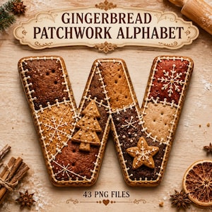 Può includere: Una grande lettera W di pan di zenzero con un design patchwork e dettagli in glassa bianca, inclusi fiocchi di neve, un albero di Natale e una stella. Il testo GINGERBREAD PATCHWORK ALPHABET e 43 PNG FILES è mostrato sopra e sotto.