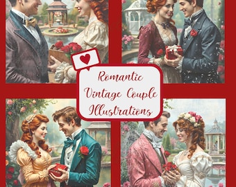 Romantische Vintage Paar Illustrationen | Viktorianische Liebe Kunst | Fine Art JPG-Set | 4096x4096 | Sofort Download