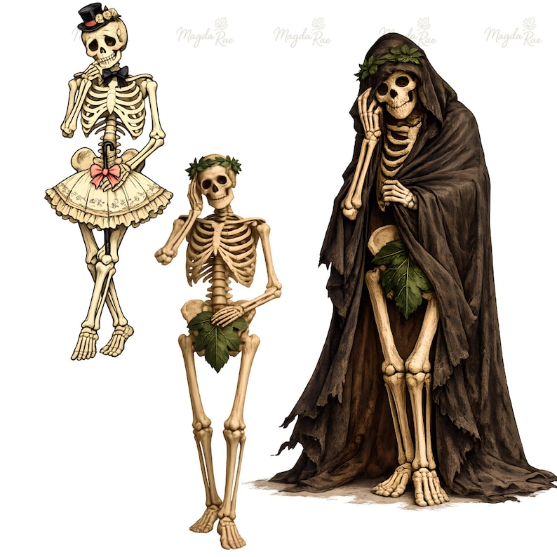 May include: Three skeletal figures: one wearing a top hat and ruffled skirt, one with a green leaf crown and leaf covering, and one draped in a dark hooded cloak with a green leaf accent. Each skeleton is depicted in a distinct pose.