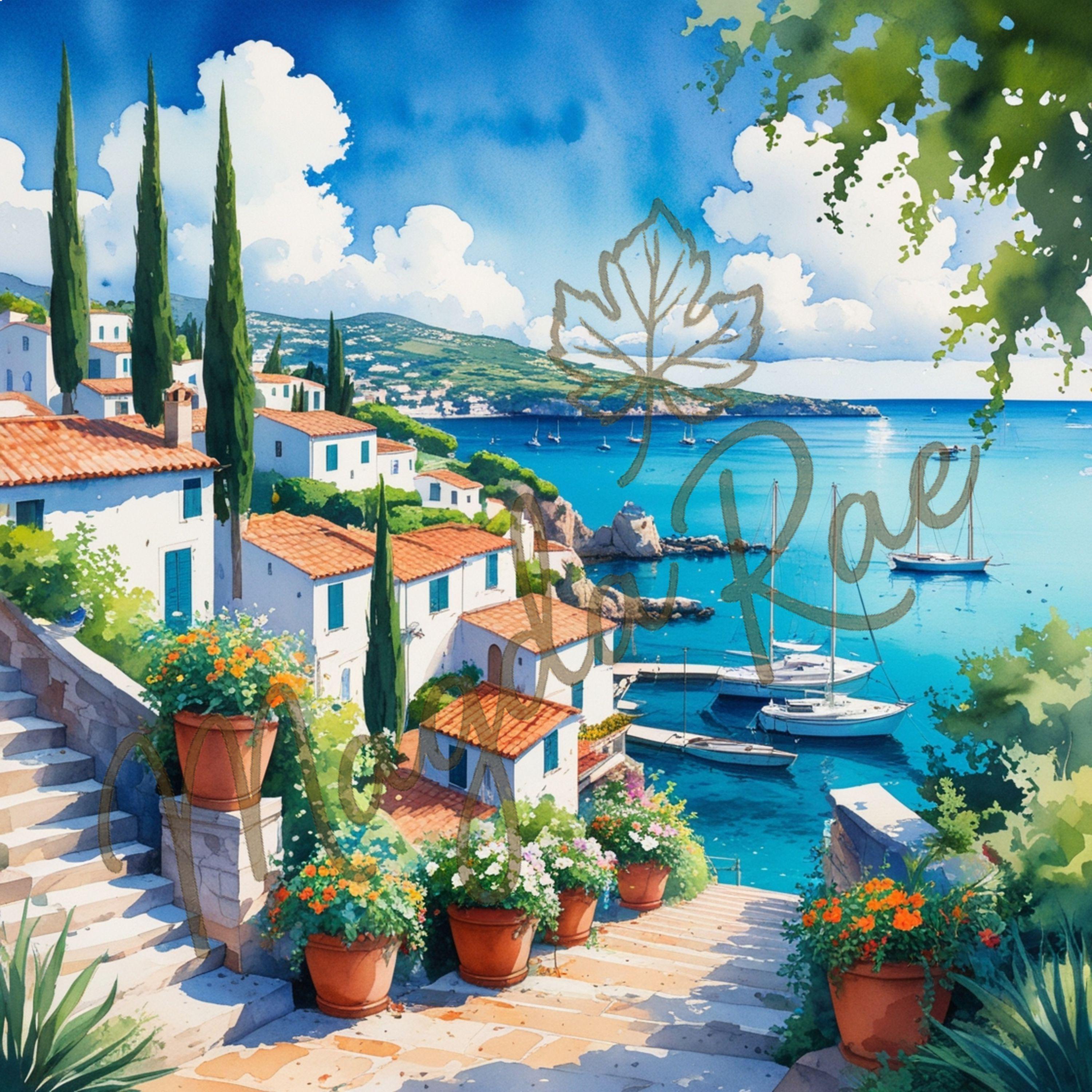 Italian Coastal Watercolor Art Prints | Mediterranean Village Decor ...