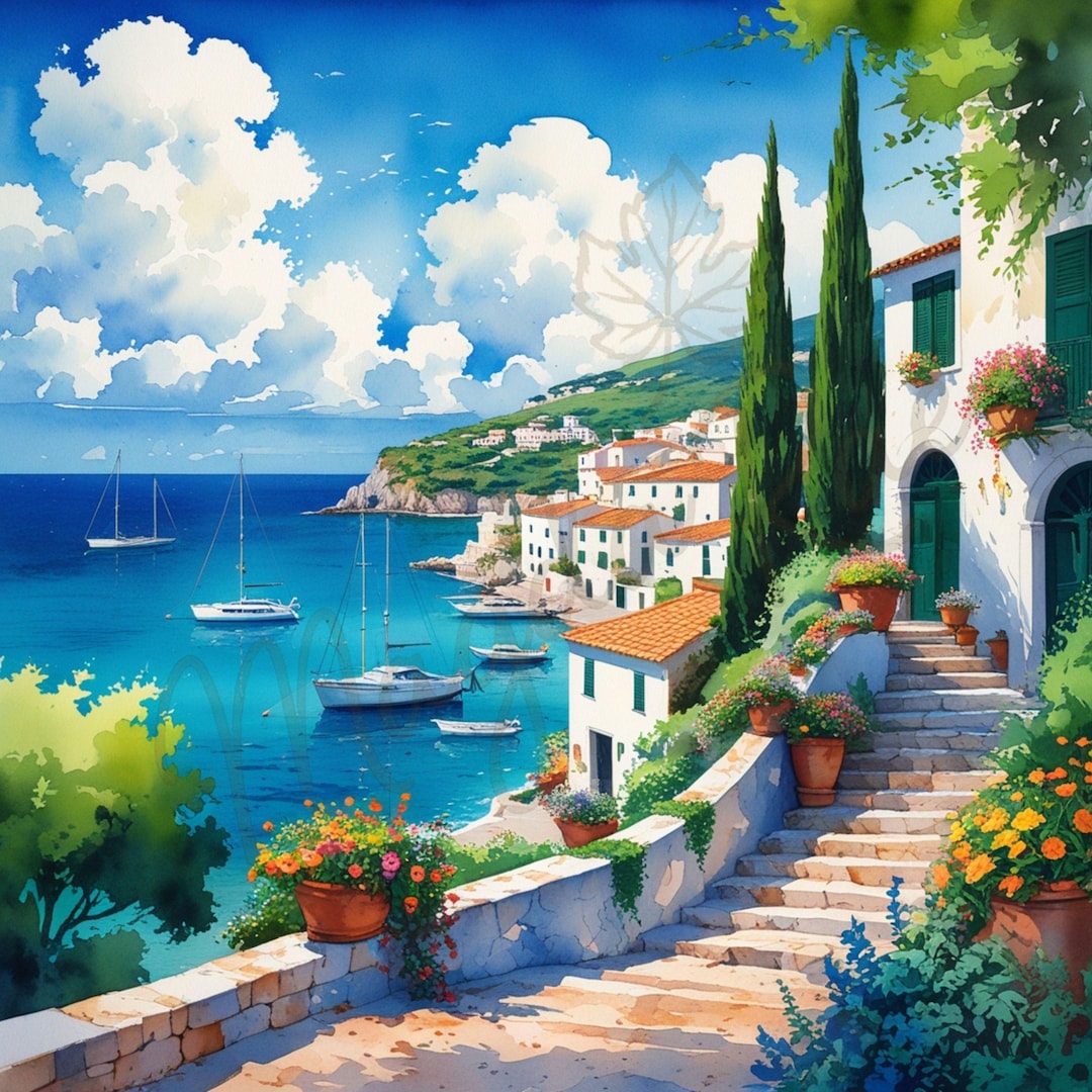 Italian Coastal Watercolor Art Prints | Mediterranean Village Decor ...