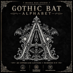 May include: A digital graphic featuring the letter A designed with intricate gothic filigree and bat motifs. The text reads MAGDA RAE STUDIO, GOTHIC BAT ALPHABET, 26 UPPERCASE LETTERS + NUMBERS 0-9, PNG FILES, TRANSPARENT BACKGROUND, and 300 DPI.