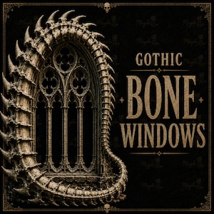 May include: A beige, textured, arched window frame constructed from bone-like segments with sharp, protruding spikes. The window features intricate gothic tracery. To the right, the text GOTHIC BONE WINDOWS is displayed in a serif font.
