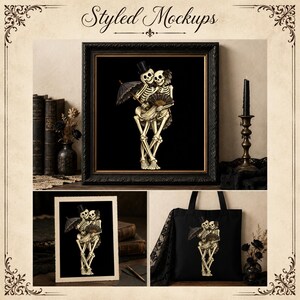 May include: A framed print, a card, and a black tote bag featuring an illustration of two skeletons embracing. One skeleton wears a top hat and holds a black lace umbrella, while the other holds a black fan. The background is solid black.
