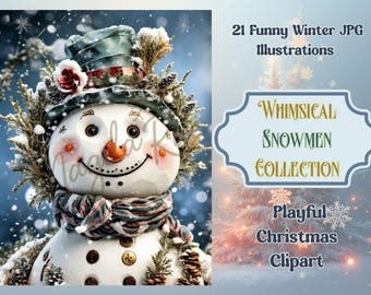 Whimsical Snowmen Collection - 21 verspielte Winter JPG Illustrationen | Zauberhafte Weihnachtscliparts