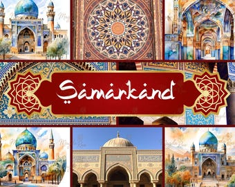 Samarkand Druckbare Seiten, Seidenstraße Aquarell Junk Journal, Usbekische Architektur Digital Papier (Instant Download)