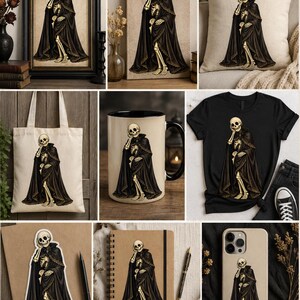 May include: A digital graphic collection titled SKELETON COLLECTION featuring a skeleton wearing a long black cloak with lace trim. The illustration is displayed on various items including a framed print, canvas, pillow, tote bag, mug, t-shirt, sticker, notebook, and phone case.