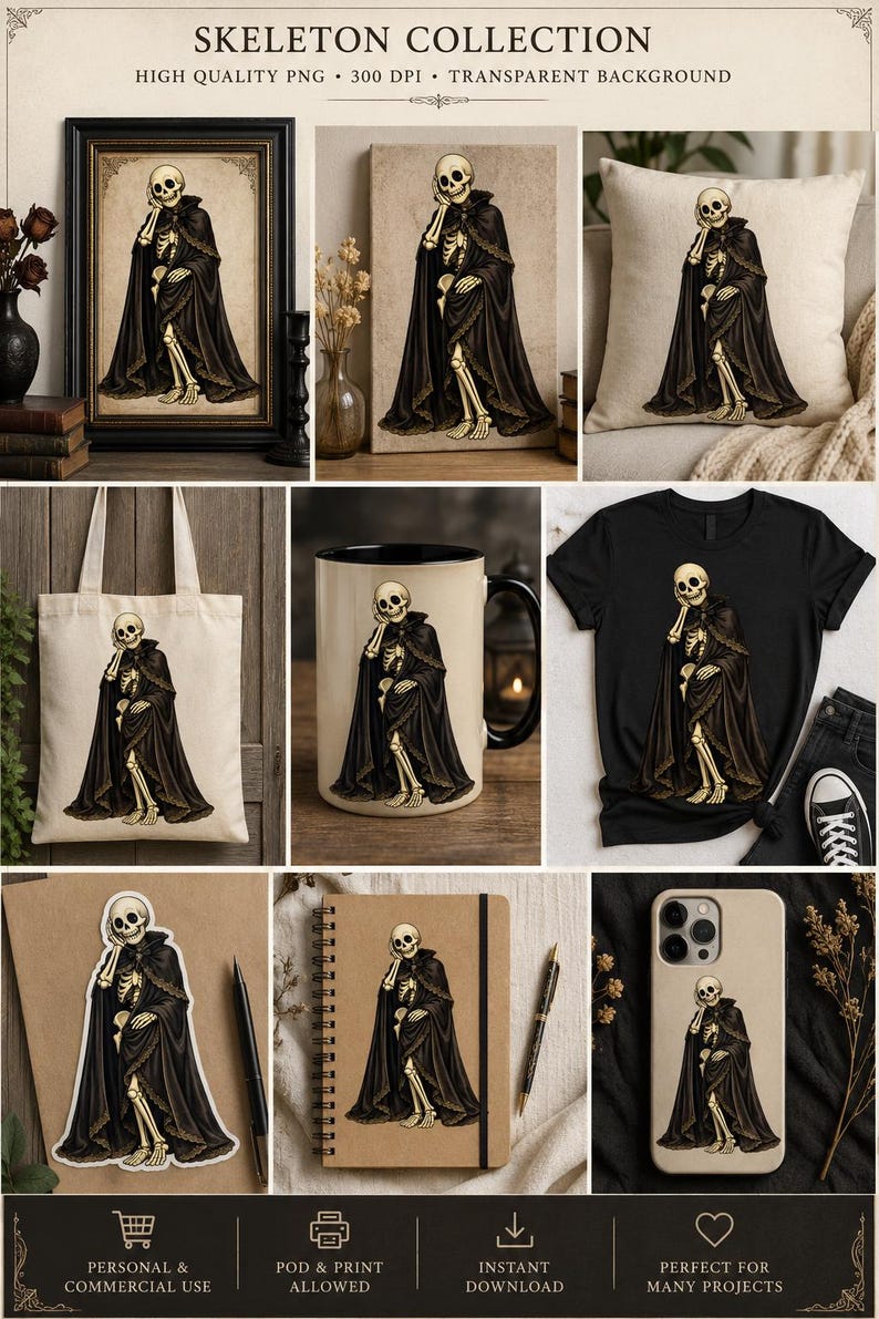 May include: A digital graphic collection titled SKELETON COLLECTION featuring a skeleton wearing a long black cloak with lace trim. The illustration is displayed on various items including a framed print, canvas, pillow, tote bag, mug, t-shirt, sticker, notebook, and phone case.