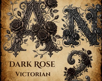 Viktorianisches Alphabet, schwarze Rose, Monogramm, Monogramm und Zahl (Instant Download)