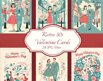 Retro 50s Valentinstagskarten - Mid-Century Love Illustrationen (Digitaler Download, 28 JPGs)
