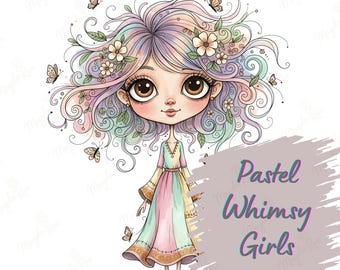 Pastel Whimsy Girls – Pastell Aquarell Clipart, 12 JPG-Dateien