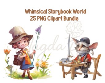 Watercolor Whimsical Clipart Set – Fantasy Kids & Animals (25 PNG Illustrations)