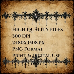 Może przedstawiać: Cyfrowa grafika przedstawiająca dwie ozdobne czarne bordiury filigranowe z centralnymi owalnymi akcentami na teksturowanym tle pergaminu. Tekst brzmi: HIGH QUALITY FILES, 300 DPI, 2480X3508 PX, PNG FORMAT, PRINT & DIGITAL USE. Projekt jest symetryczny.