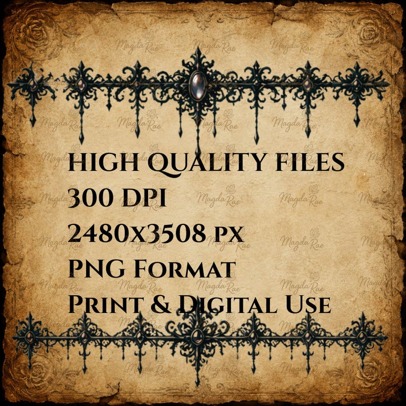 Może przedstawiać: Cyfrowa grafika przedstawiająca dwie ozdobne czarne bordiury filigranowe z centralnymi owalnymi akcentami na teksturowanym tle pergaminu. Tekst brzmi: HIGH QUALITY FILES, 300 DPI, 2480X3508 PX, PNG FORMAT, PRINT & DIGITAL USE. Projekt jest symetryczny.