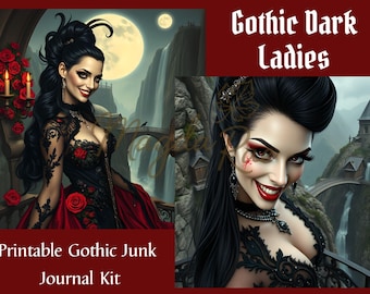 Zestaw do dziennika „Gothic Dark Ladies Junk Journal”, efemerydy do druku w stylu dark fantasy (do pobrania w wersji cyfrowej)