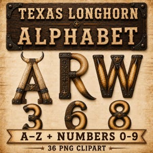 以下が含まれることがあります： TEXAS LONGHORN ALPHABETと題されたデジタルグラフィックセット。角のような質感、ダークメタルのアクセント、星のモチーフでデザインされた文字と数字。A、R、Wの文字と3、6、8の数字、A-Z + NUMBERS 0-9のテキスト、36 PNG CLIPARTが含まれています。
