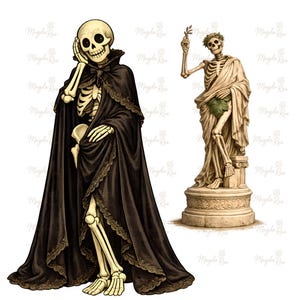 May include: A skeleton figure wearing a long black cloak with intricate lace trim, standing next to a stone-coloured skeleton statue draped in fabric, holding a small leafy branch and wearing a wreath of leaves on its head, both on a white background.