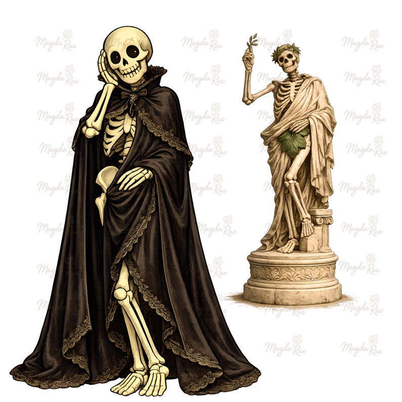 May include: A skeleton figure wearing a long black cloak with intricate lace trim, standing next to a stone-coloured skeleton statue draped in fabric, holding a small leafy branch and wearing a wreath of leaves on its head, both on a white background.