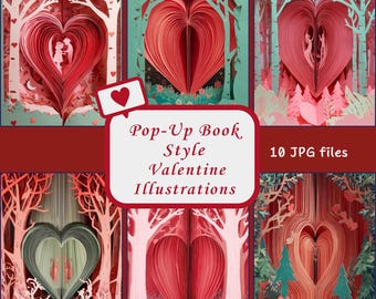Pop-Up-Buchillustrationen zum Valentinstag, romantische Papierschnittkunst, digitaler Download, 10 JPG-Dateien