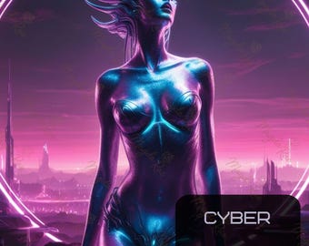 Cyber Evolution – Cyberpunk Frauen Porträts, Futuristische KI Kunst, Neon Sci-Fi Digitaldrucke