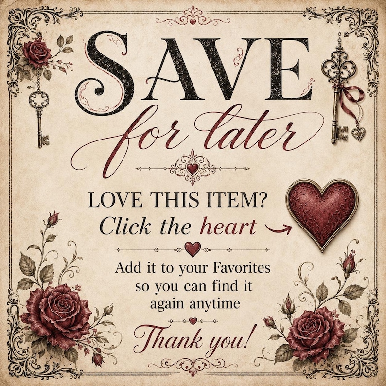 May include: A vintage-style sign with a beige background featuring the text SAVE for later, LOVE THIS ITEM? Click the heart, Add it to your Favorites so you can find it again anytime, and Thank you! Decorated with dark red roses and ornate keys.