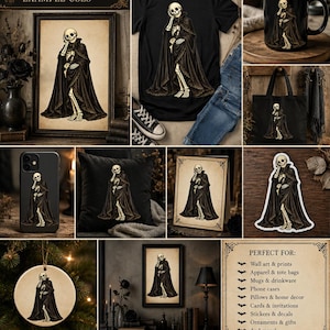 May include: A digital design collection featuring a skeleton wearing a long black cloak, displayed on various items including a t-shirt, mug, tote bag, phone case, pillow, greeting card, sticker, and ornament, with text labels for mockups.