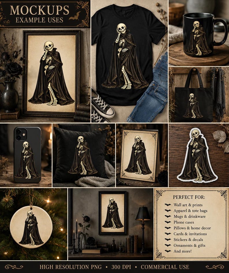 May include: A digital design collection featuring a skeleton wearing a long black cloak, displayed on various items including a t-shirt, mug, tote bag, phone case, pillow, greeting card, sticker, and ornament, with text labels for mockups.