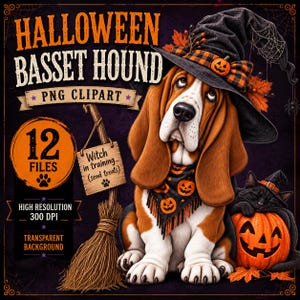 May include: A digital graphic featuring a Basset Hound wearing a witch hat and a pumpkin-patterned bandana, sitting next to a broomstick with a sign reading Witch in training... (send treats) and a black cat resting on a jack-o'-lantern.