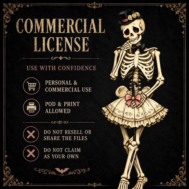 May include: A commercial licence graphic featuring a skeleton wearing a top hat, bow tie, and ruffled skirt while holding an umbrella. Text includes COMMERCIAL LICENCE, USE WITH CONFIDENCE, PERSONAL & COMMERCIAL USE, POD & PRINT ALLOWED.