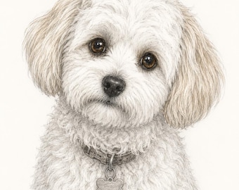 May include: A detailed pencil drawing of a small, fluffy dog with light-coloured fur and floppy ears. The dog has large, dark brown eyes, a black nose, and is wearing a textured collar with a bone-shaped metal tag hanging from the centre.