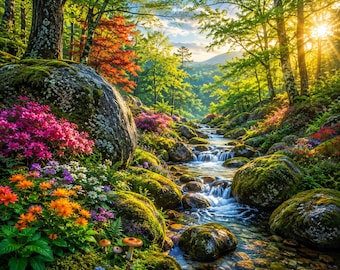May include: A vibrant forest landscape featuring a cascading stream flowing over moss-covered rocks. The scene is filled with bright pink azaleas, orange flowers, and lush green trees under a sunlit sky with rays filtering through the canopy.