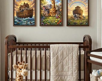 May include: Three framed wall art prints depicting scenes of Noah's Ark with animals, a rainbow, and a wooden boat. A dark brown wooden cot with a beige quilted blanket and a plush giraffe toy are positioned in front of the wall art.
