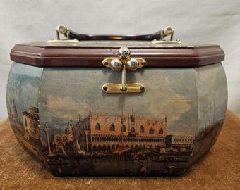 Vintage 1970s Anton Pieck Decoupage Wood Octagon Box Purse with Lucite Handle