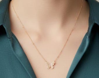 Dainty Butterfly Necklace, Minimalist Insect Charm, Gold Silver Rose Gold Gift